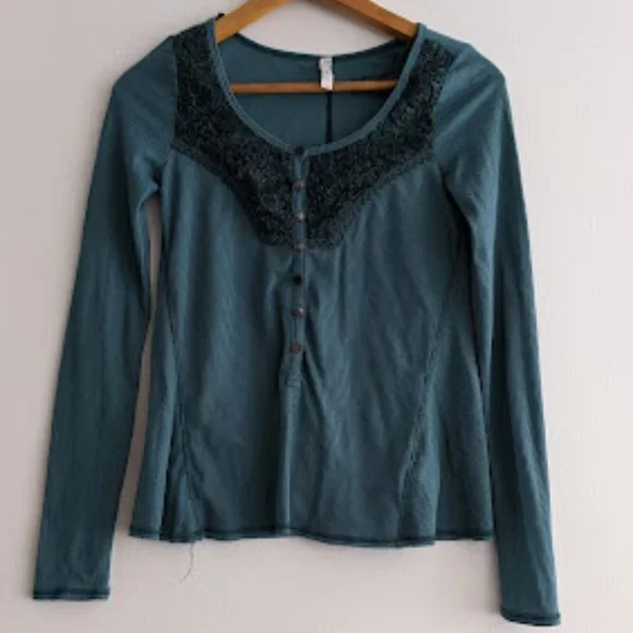 Free People Teal Blue Long Sleeve Blouse Size S - Picture 1 of 10